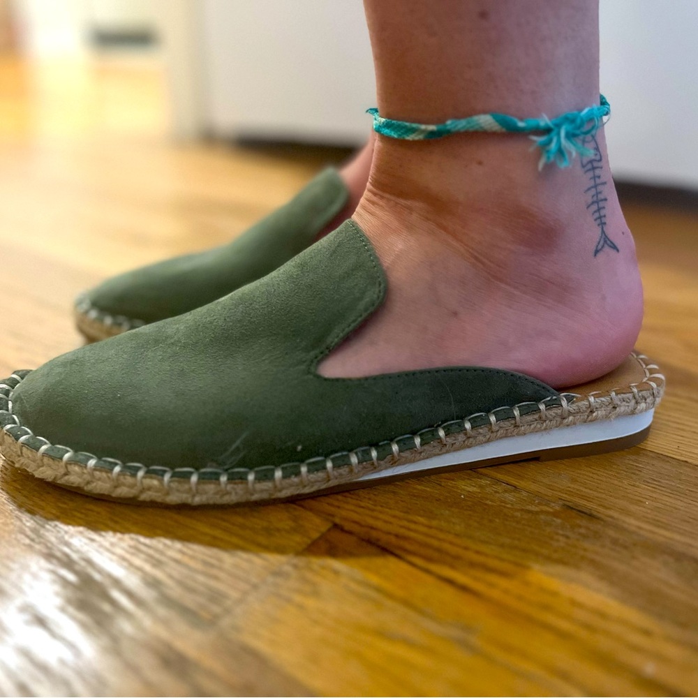 Moss green suede moccasin mule
